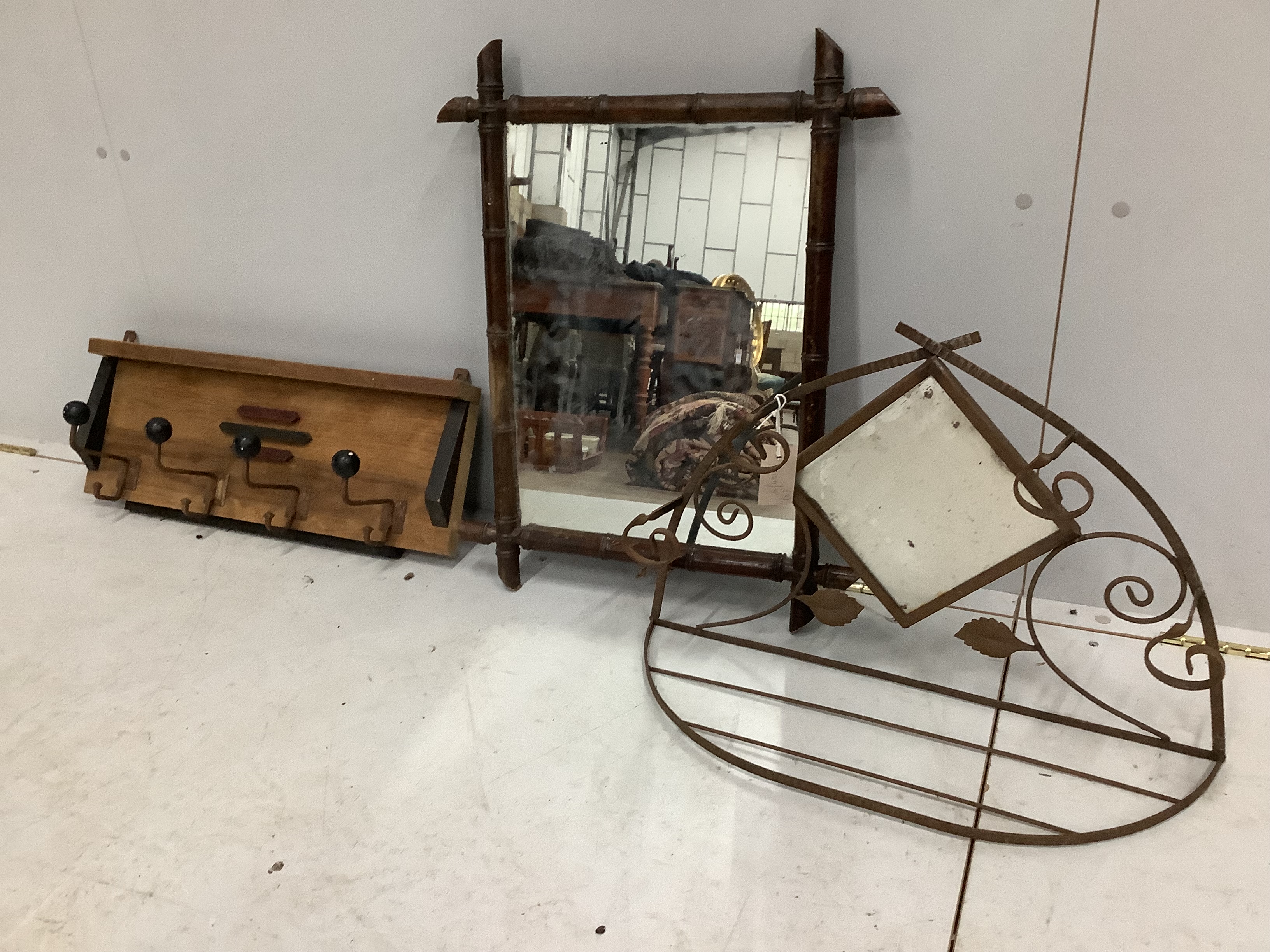 A French rectangular faux bamboo wall mirror, width 50cm, height 82cm together with two hanging coat racks, width 51cm, height 62cm